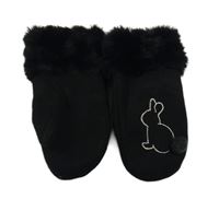 Černé semišové zateplené palcové rukavice s králíčkem a kožešinou 