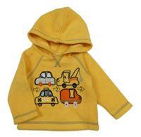 Tmavožlutá fleecová mikina s auty a jeřábem a kapucí M&Co