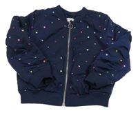 Tmavomodrý šusťákový zateplený bomber s barevnými srdíčky H&M
