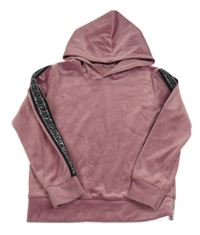 Starorůžová plyšová mikina s pruhem s kamínky a kapucí