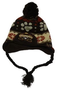 Tmavohnědo-hnědo-světlebéžová pletená čepice s medvídkem a tlapkami a bambulí