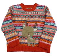 Červeno-jadeitovo-růžovo-tmavomodrý vzorovaný svetr se sobem St. Bernard