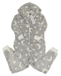 Nové - šedo-bílá plyšová kombinéza s hvězdičkami a měsíci a kapucí