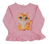 Růžové triko s kočičkou a volánkem 