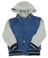 Modro-šedý riflovo/teplákový bomber s pruhy a kapucí PRIMARK