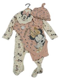 Nové - 4Set - Smetanový overal s Minnie a srdíčky a šátek s 3D Minnie + starorůžové vzorované body a čepice PRIMARK 