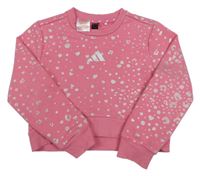 Růžová crop mikina se stříbrnými puntíky a srdíčky a vzorem Adidas