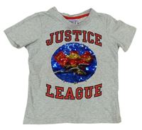 Světlešedé melírované tričko Liga Spravedlnosti s překlápěcími flitry 