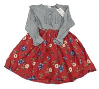 Nové - Šedo-červené šaty s květy a volánky Name it