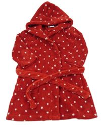 Červený puntíkatý chlupatý župan s kapucí