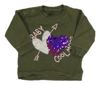 Khaki mikina se srdíčky s překlápěcími flitry