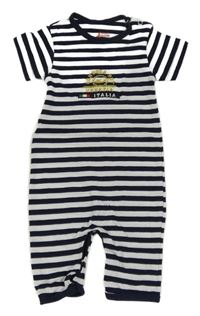 Tmavomodro-bílý pruhovaný bavlněný kraťasový overal s výšivkou