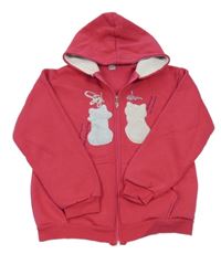 Malinová propínací mikina s kočkami a kapucí