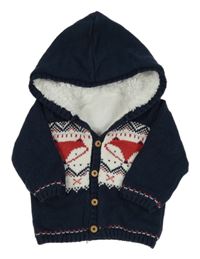 Tmavomodro-bílý zateplený propínací svetr s liškami a kapucí Matalan
