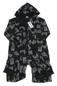 Nové - černo-šedý bavlněný pyžamový overal s ovladači a kapucí 