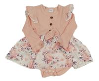 Světlerůžové žebrované šaty s bílou květovanou sukní a všitým body 