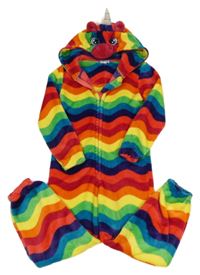 Barevná pruhovaná chlupatá kombinéza s kapucí - jednorožec 