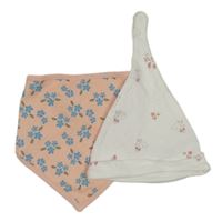 2 set - bílá čepice s králíčky + růžový květovaný slinták 