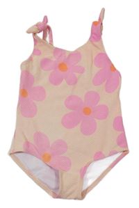 Růžové žebrované květované jednodílné plavky 