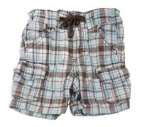 Bílo-hnědo-modré kostkované plátěné kraťasy s kapsami H&M