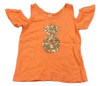 Oranžové tričko s ananasem z flitrů a průstřihy C&A