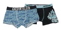 2x boxerky - Černo-modré se superhrdiny + petrolejovo-modro-bílé s nápisy 