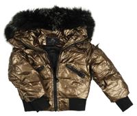 Bronzová lesklá šusťáková zimní bunda s kapucí s kožešinou 