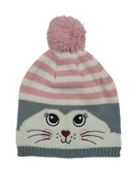 Šedo-bílo-růžová čepice s myškou a bambulí 