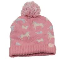 Růžová čepice s jednorožci a bambulí 