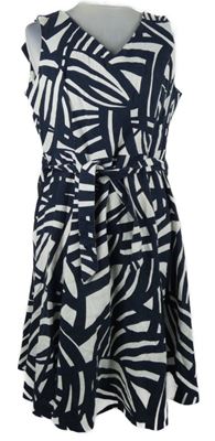 Dámské bílo-tmavomodré vzorované lněné šaty s páskem