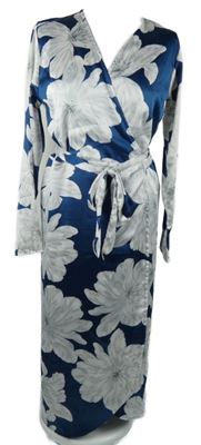 Dámské tmavomodro-bílé květované saténové zavinovací midi šaty Dancing Leopard 