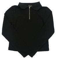 Černé žebrované crop triko se zipem New Look