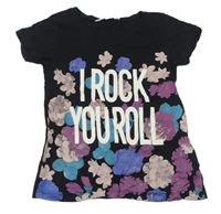 Černé tričko s kytičkami a nápisem zn. H&M