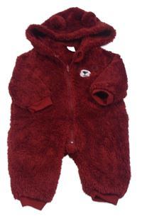 Vínová chlupatá kombinéza s medvědem a kapucí 