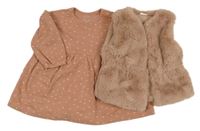 2set- růžové žebrované puntíkaté šaty + růžová kožešinová zateplená vesta Next