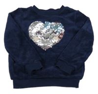 Tmavomodrá chlupatá domácí mikina se srdíčkem z flitrů 