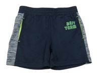 Tmavomodro-melírované sportovní kraťasy s nápisem Topolino