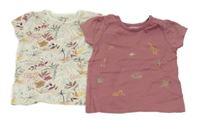 2x tričko světlerůžové s obrázky+ vínové tričko se zvířátky Nutmeg
