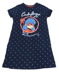 Tmavomodré bavlněné šaty s kouzelnou beruškou a puntíky