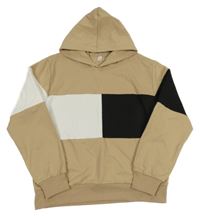 Béžovo-bílo-černá mikina s kapucí 
