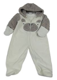 Bílo-šedá fleecovo/chlupatá kombinéza s medvídkem a kapucí