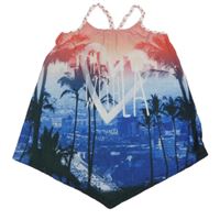 Růžogo-modrý asymetrický top s palmami a nápisem Yigga