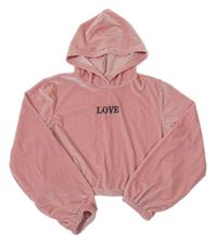 Růžová sametová crop mikina s nápisem a kapucí Shein