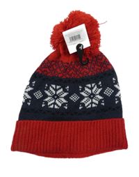 Nové - Červeno-tmavomodrá vzorovaná čepice s bambulí 