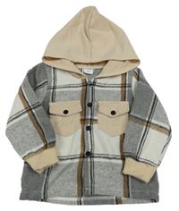 Šedo-pudrovo-bílá kostkovaná košilová bunda s kapucí 