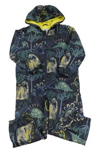 Tmavomodrá šusťáková jarní kombinéza s dinosaury a palmami a listy a kapucí George