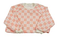 Korálovo-smetanová kostkovaná oversize crop mikina s květy 