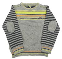 Šedo-tmavomodro-oranžovo-limetkový melírovaný pruhovaný pletený svetr s číslem ORCHESTRA