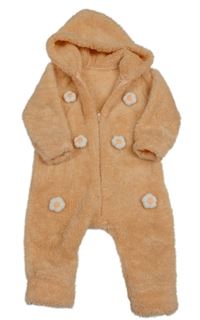 Meruňková chlupatá kombinéza s 3D květy a kapucí Kidex's