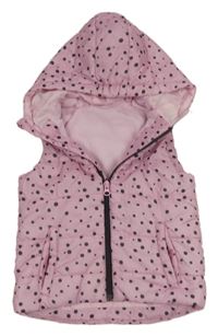 Růžová puntíkatá prošívaná šusťáková zateplená vesta s kapucí lupilu